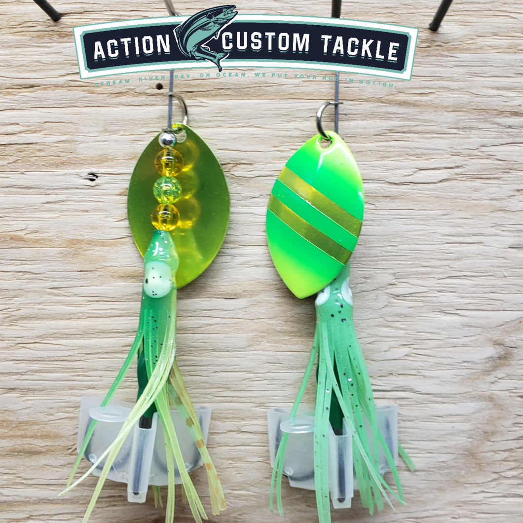 Size 4 Cascade, Amber back, Lime and Green with dbl amber stripe