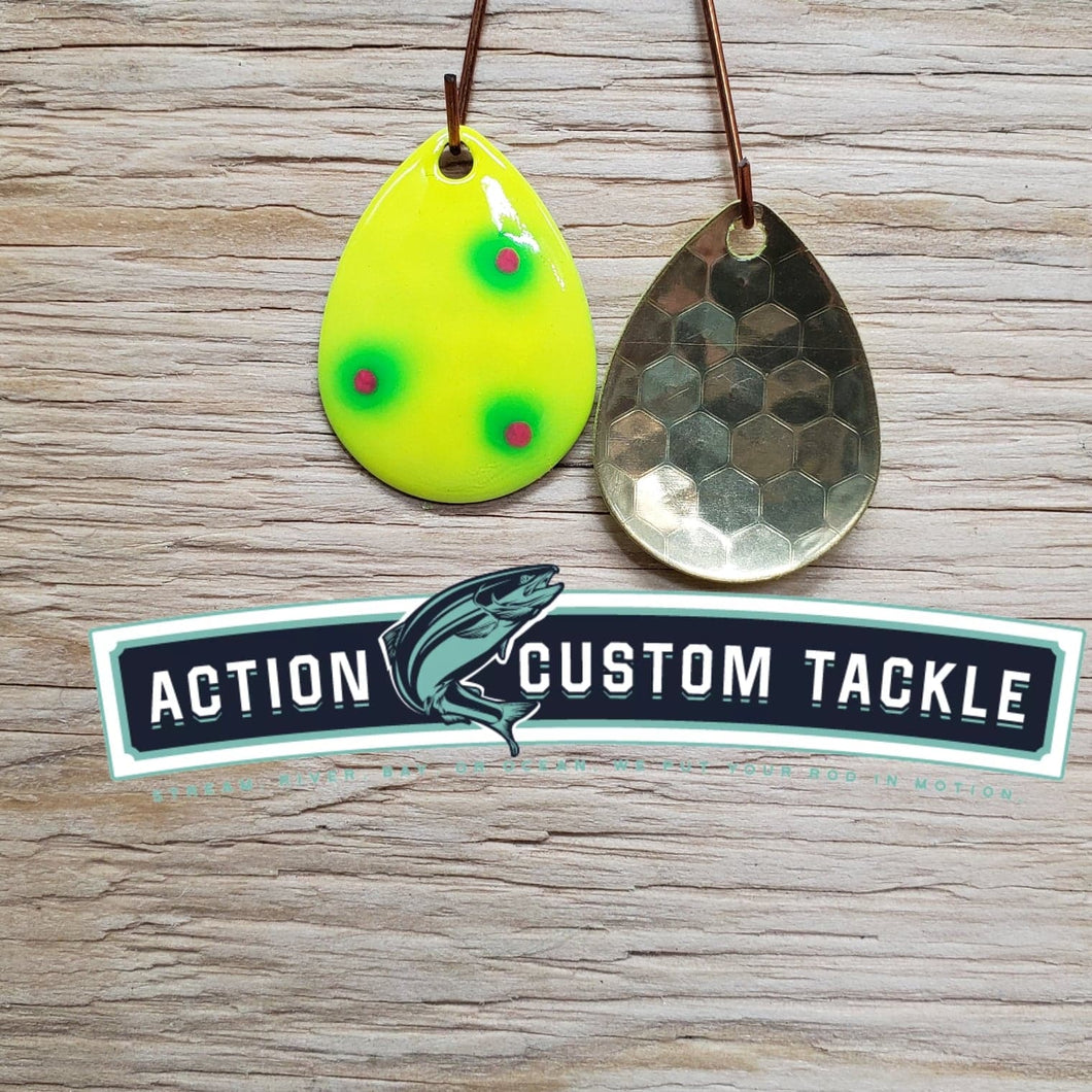 3.5 Colorado, Brass back, Chartreuse with 3 Green dots and pink centers