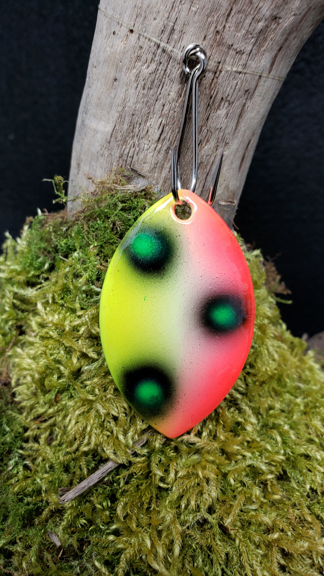 Size 5 Cascade, Brass back, Red and Chartreuse with Black  and Green dots
