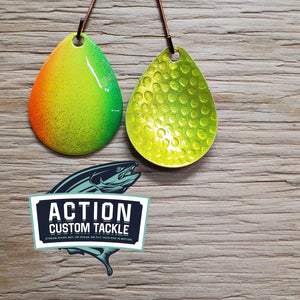 Size 4 Colorado, Silver plated, chartreuse back, orange and green slices on chartreuse